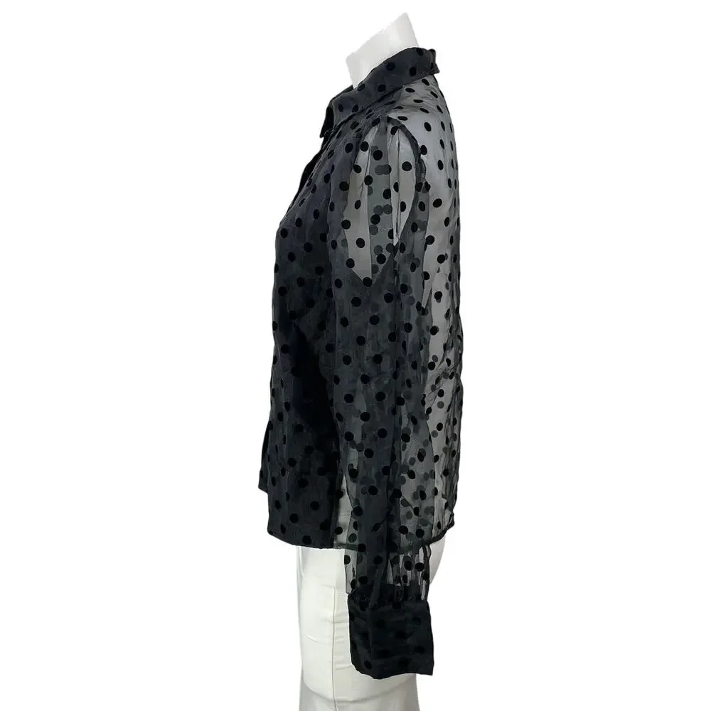 MNG Mango Black Polka Dot Mesh Sheer Long Sleeve Button Down Blouse Top Size S